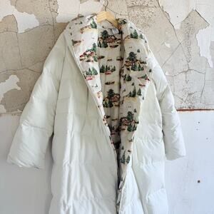 Lands End Down Puffer Coat White Long Maxi Jacket Fleece Lined Cabin Print M Vtg
